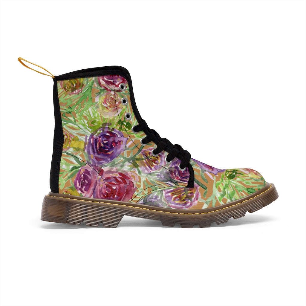 Brown Yellow Floral Women's Boots - Vintage Style Hiking Combat Boots