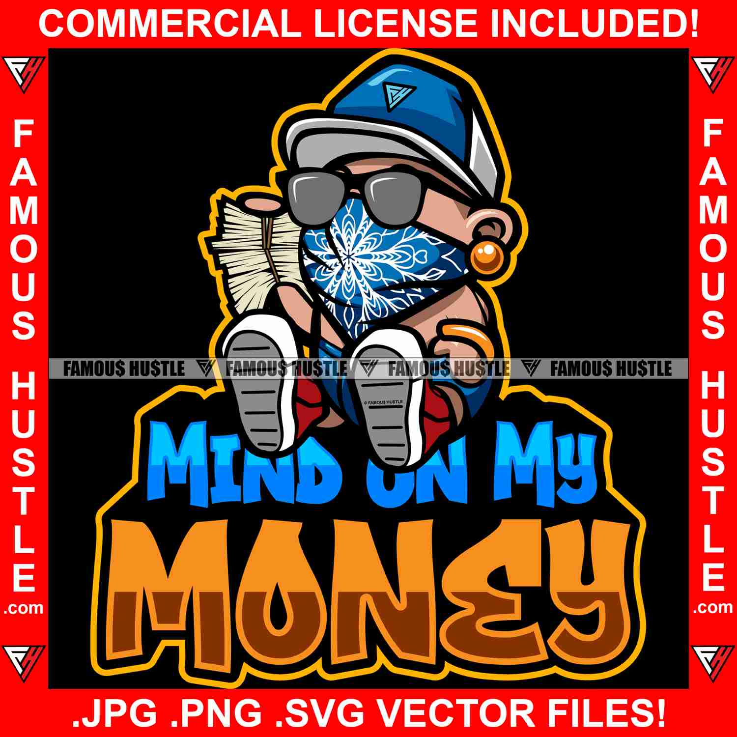 Gangster Baby Boy Blue Bandanna Face Cover Mask Hat Cap Black Glasses Gold Jewelry Necklace Sneaker Diaper Mean Face Cash Trap Trapper Famous Hustle Quote Art Graphic Design Logo T-Shirt Print