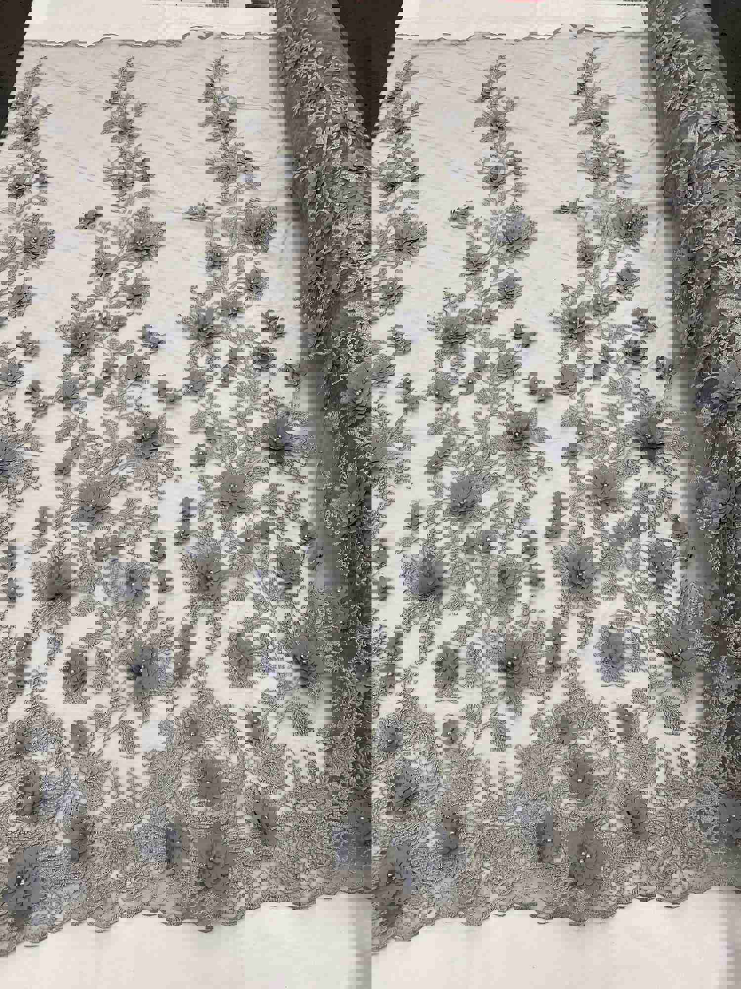 Silver Two Tone 3D Floral Design Embroidered and Beaded Lace with Pearls