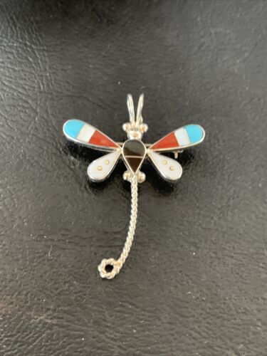 Handmade Zuni Turquoise MOP Inlay Dragonfly Sterling Silver Necklace Pendant