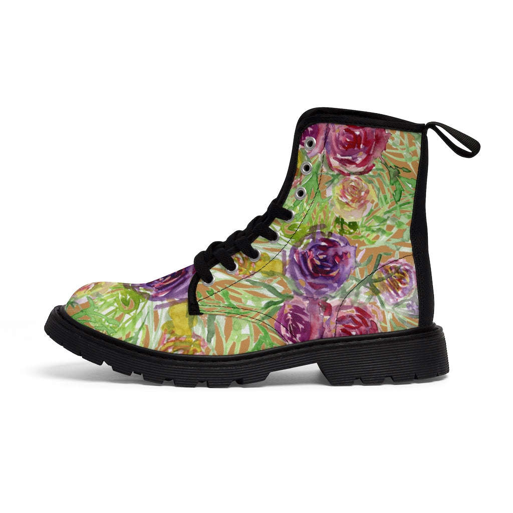 Brown Yellow Floral Women's Boots - Vintage Style Hiking Combat Boots