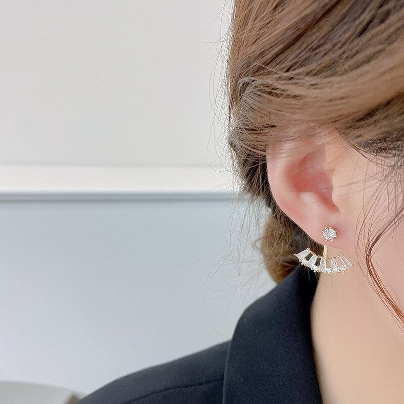 Korean Design Exquisite Copper Inlaid Zircon Fan-Shaped Hook Earrings for Women