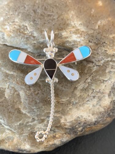 Handmade Zuni Turquoise MOP Inlay Dragonfly Sterling Silver Necklace Pendant