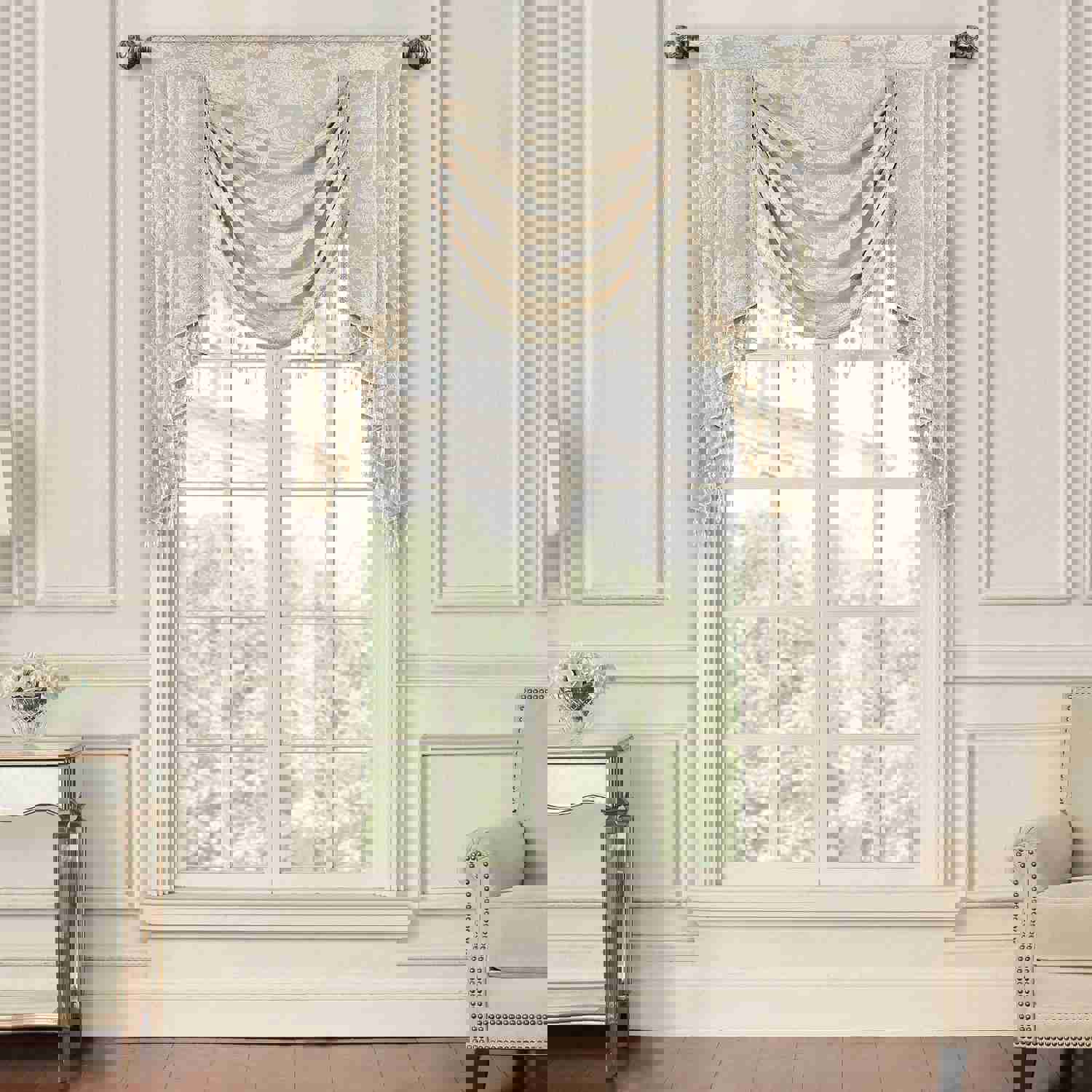 Alps Swag Valance - Beige with White Damask Patterns