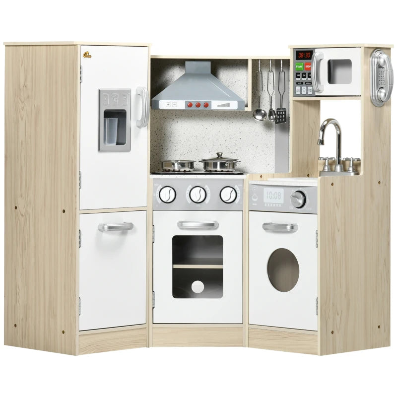Qaba Corner Play Kitchen with Lights & Sounds, Wooden Kids Kitchen Playset with Storage, Ice Maker, and Accessories