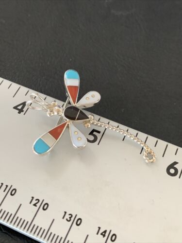 Handmade Zuni Turquoise MOP Inlay Dragonfly Sterling Silver Necklace Pendant