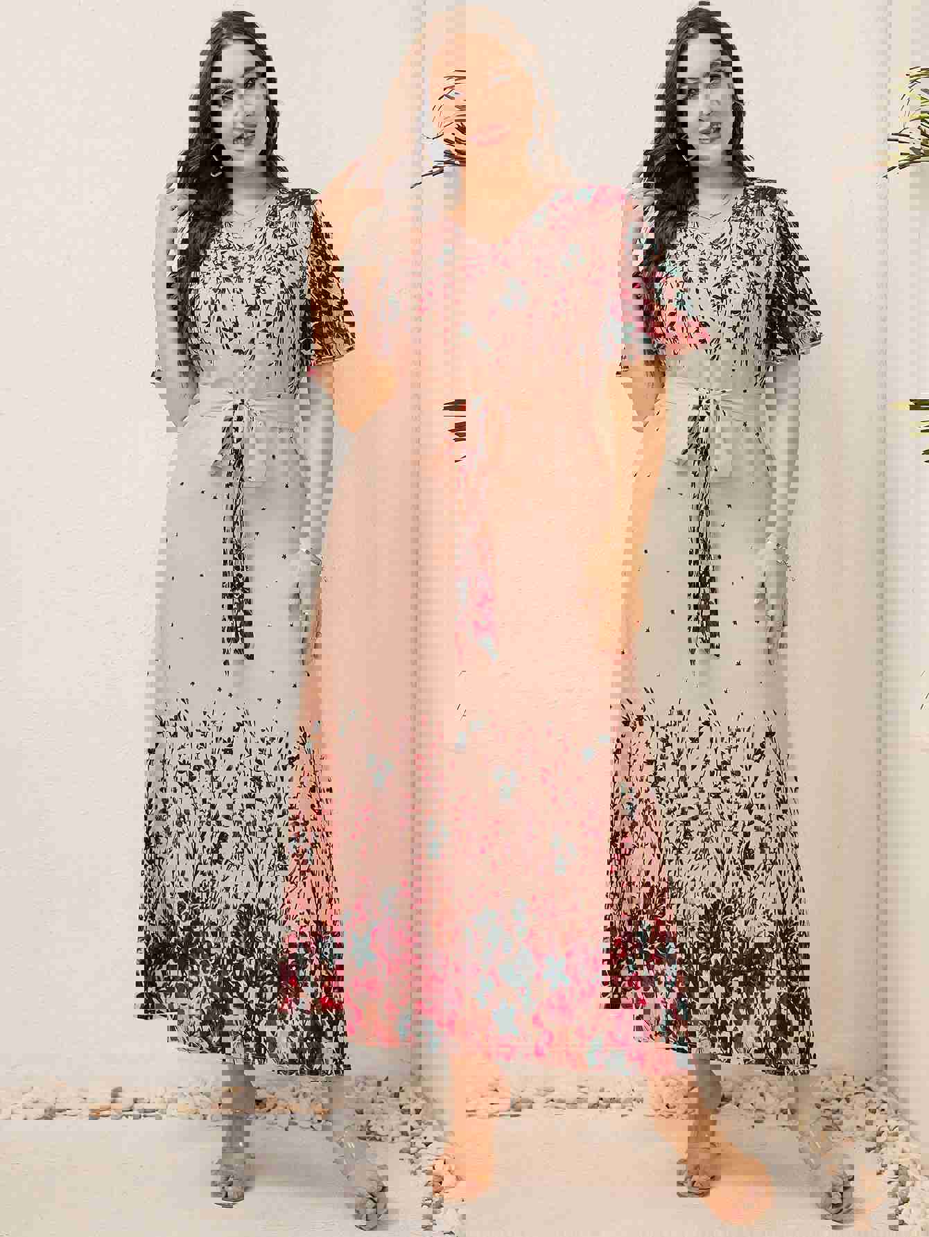 2023 Women Summer Long Dress V Neck Short Sleeve Floral Print Boho Beach Dress