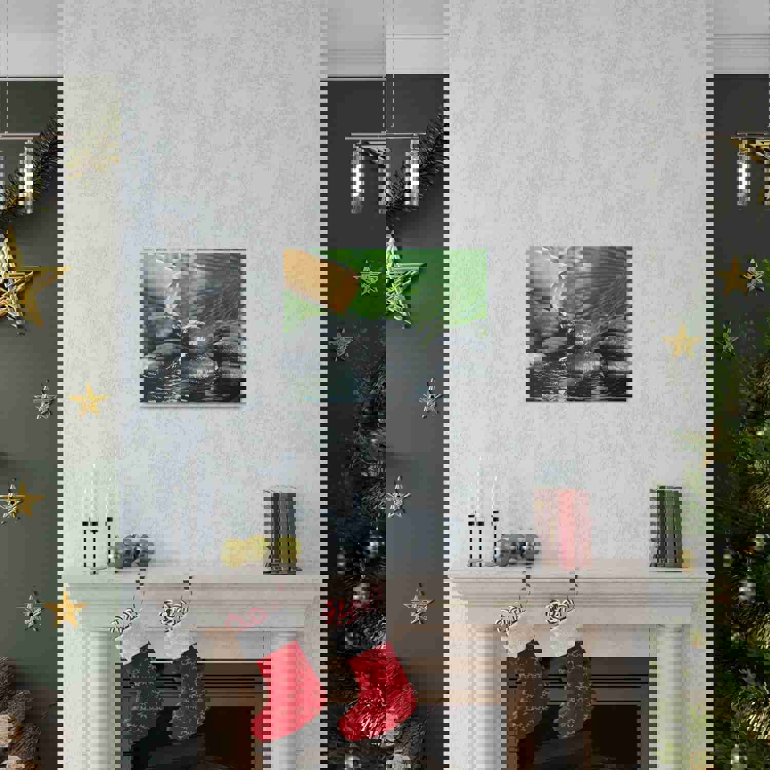 Bamboo Fountain with Stones Forest Floral Nature Photography Canvas Wall Art for Home Decor