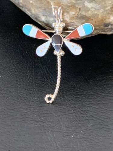 Handmade Zuni Turquoise MOP Inlay Dragonfly Sterling Silver Necklace Pendant