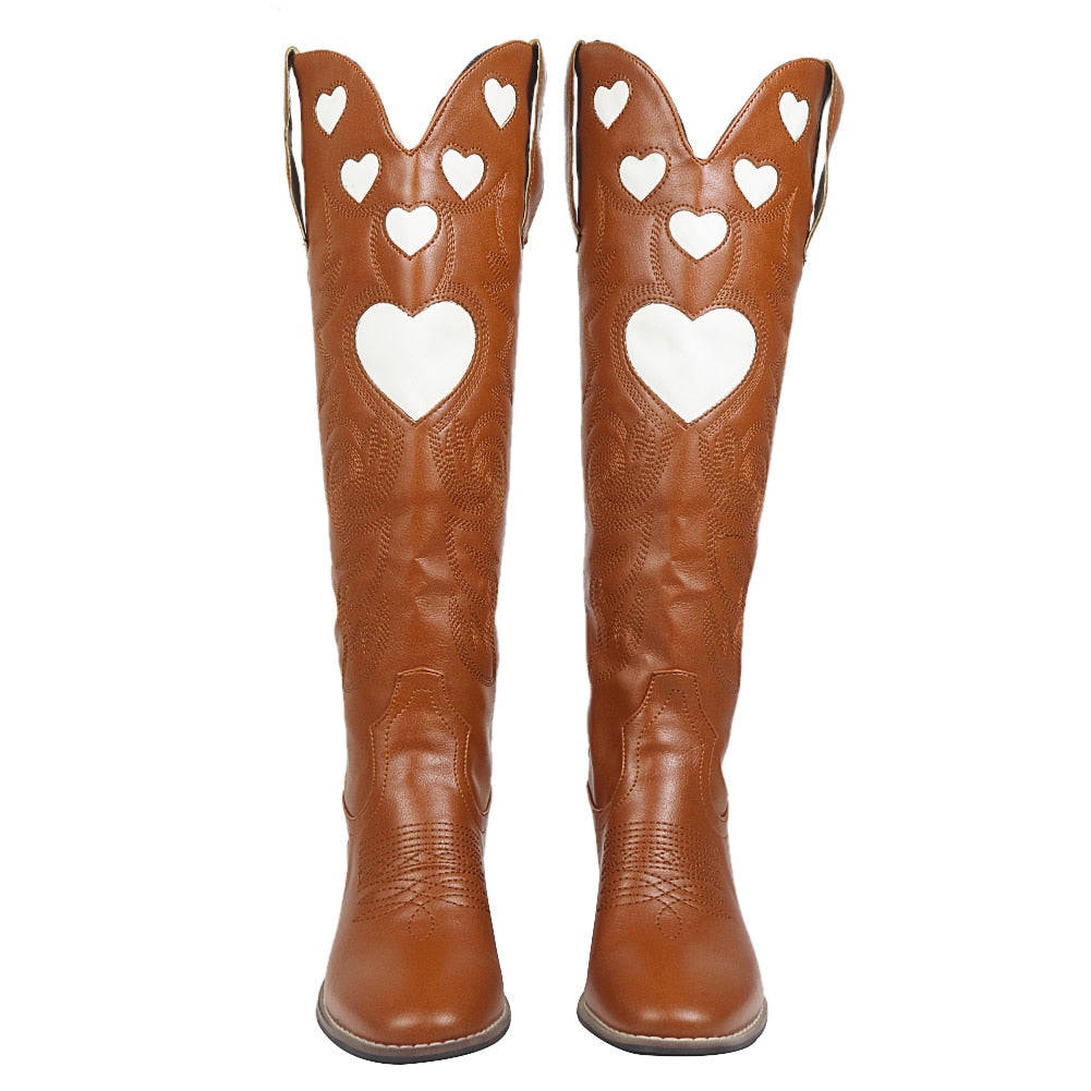 Pink Heart Shape Knee High Cowboy Boots For Women - Retro Western Style