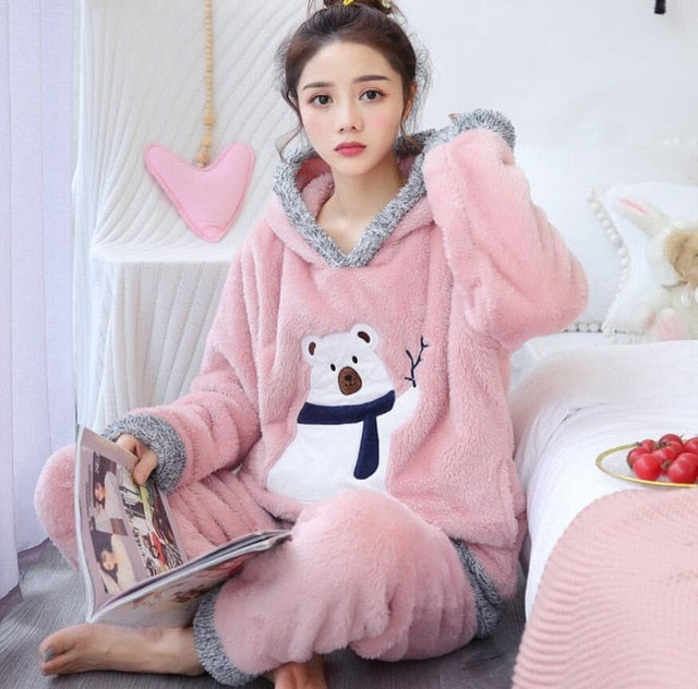 Winter Thick Warm Flannel Pajamas Sets for Women