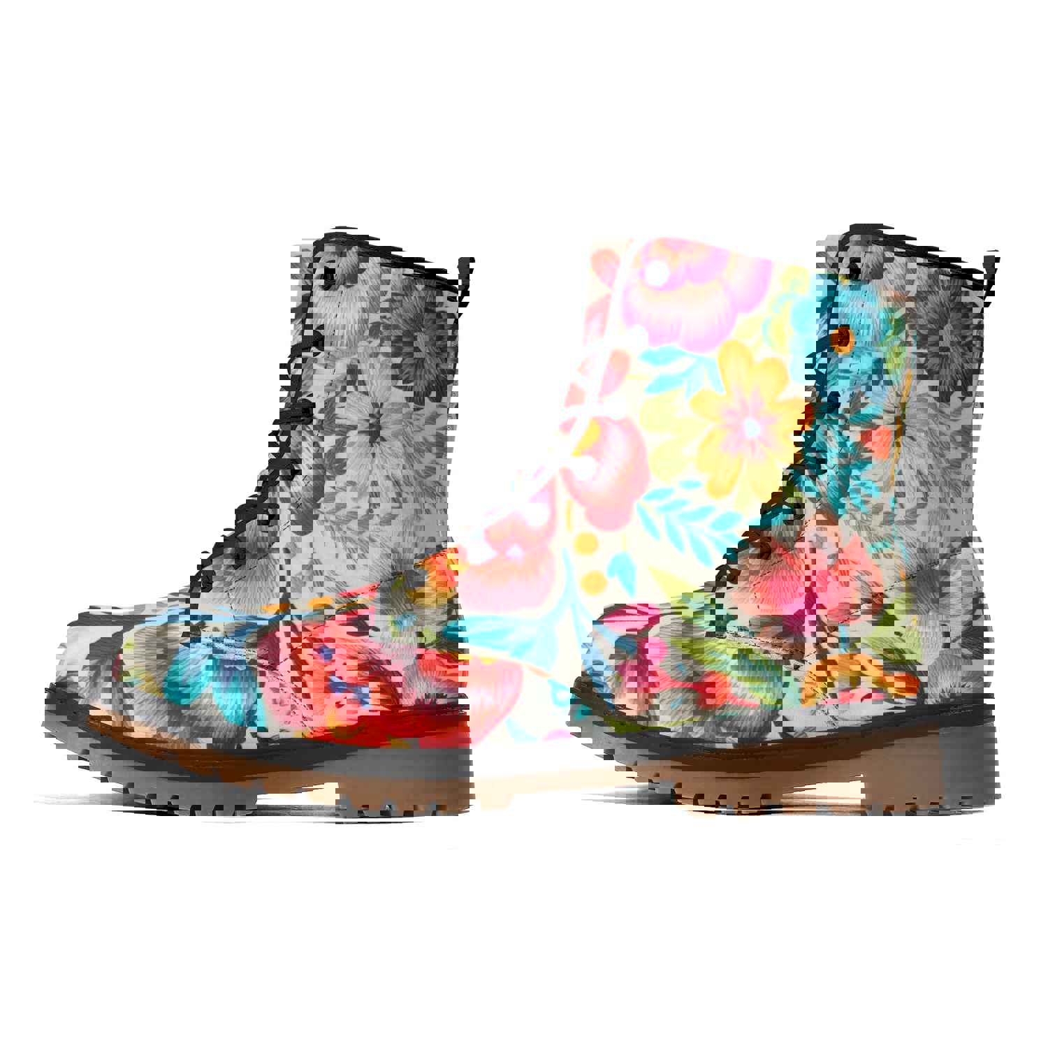 Colorful Flowers Womens Faux Embroidered Luxe Combat Boots