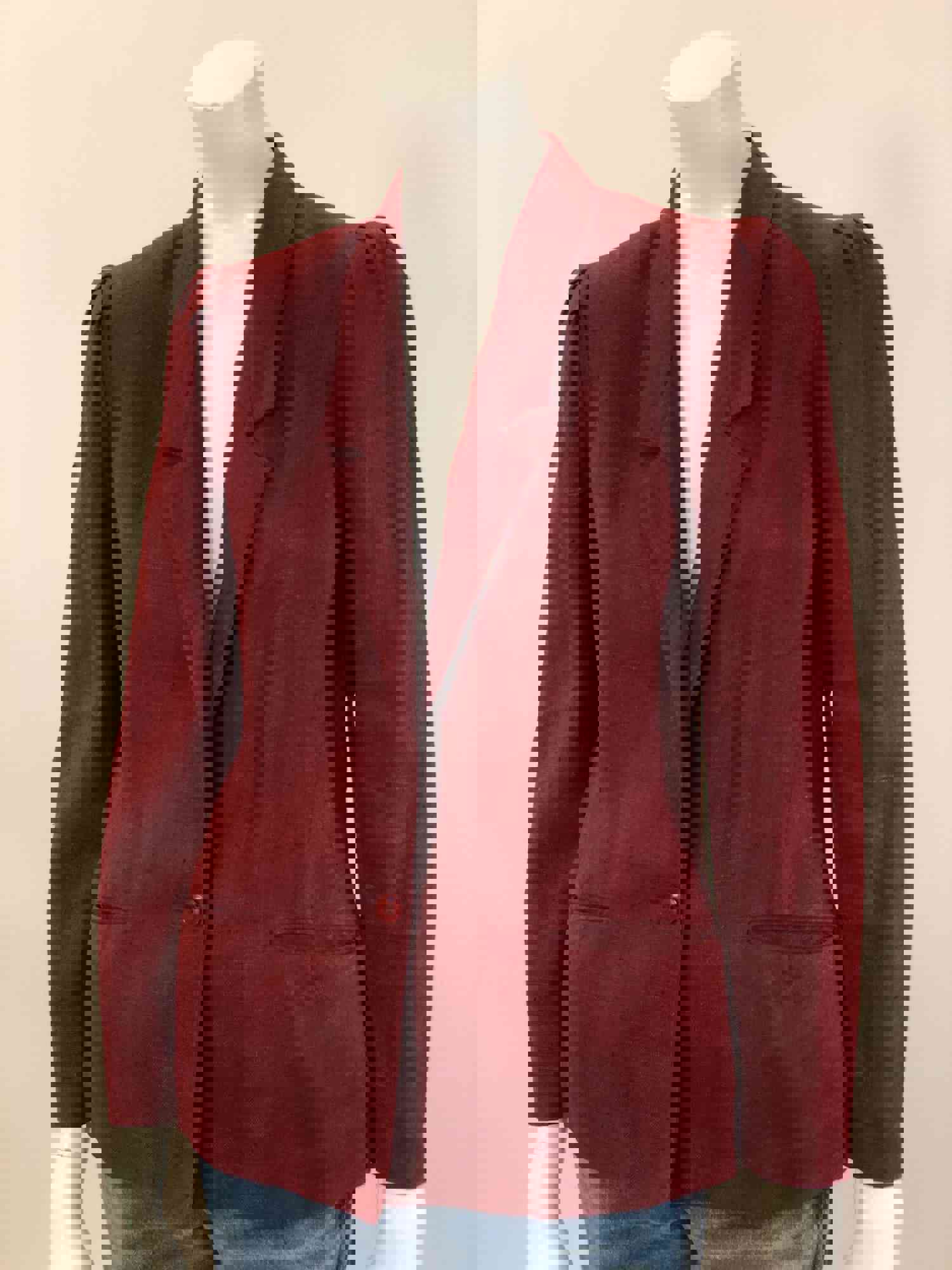 Vintage Deep Wine Burgundy Linen Blazer with Puffed Shoulders