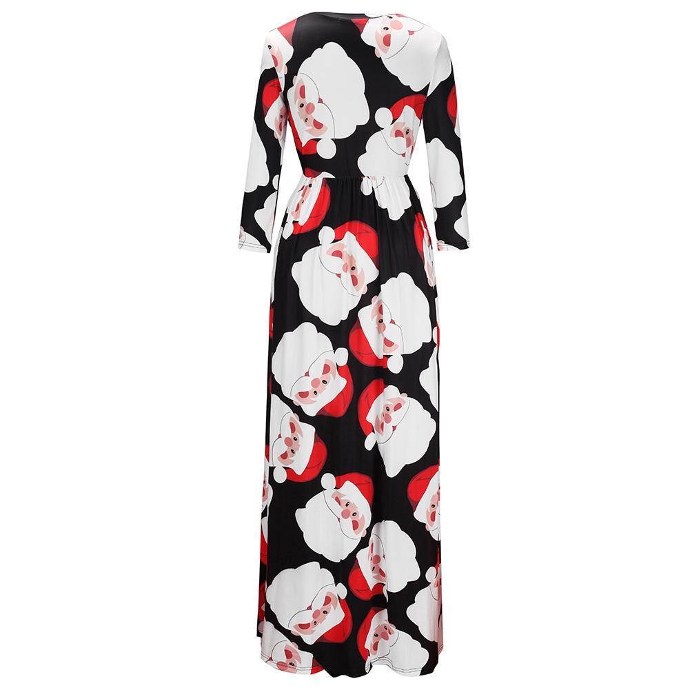 Fashion Black Santa Claus Printing Long Sleeve Christmas Maxi Dress