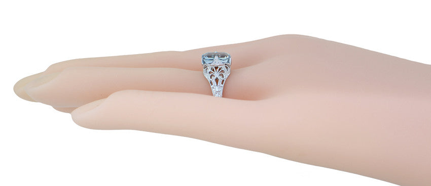 Art Deco Emerald Cut Aquamarine Filigree Engagement Ring in 18K White Gold