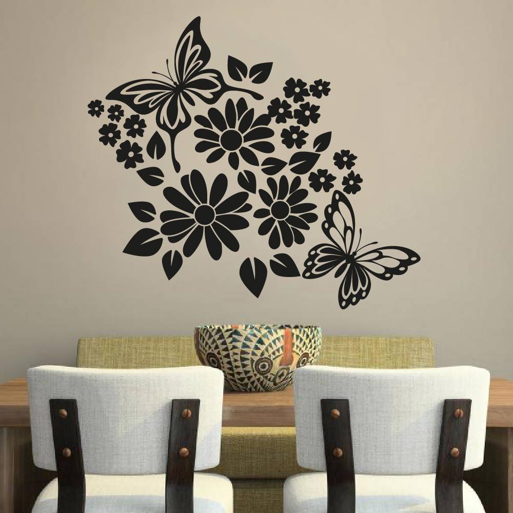 Flowers Floral Vinyl Wall Sticker Wall Decal - Butterfly Flower Butterflies Garden Flowers Floral Spring Silhouette