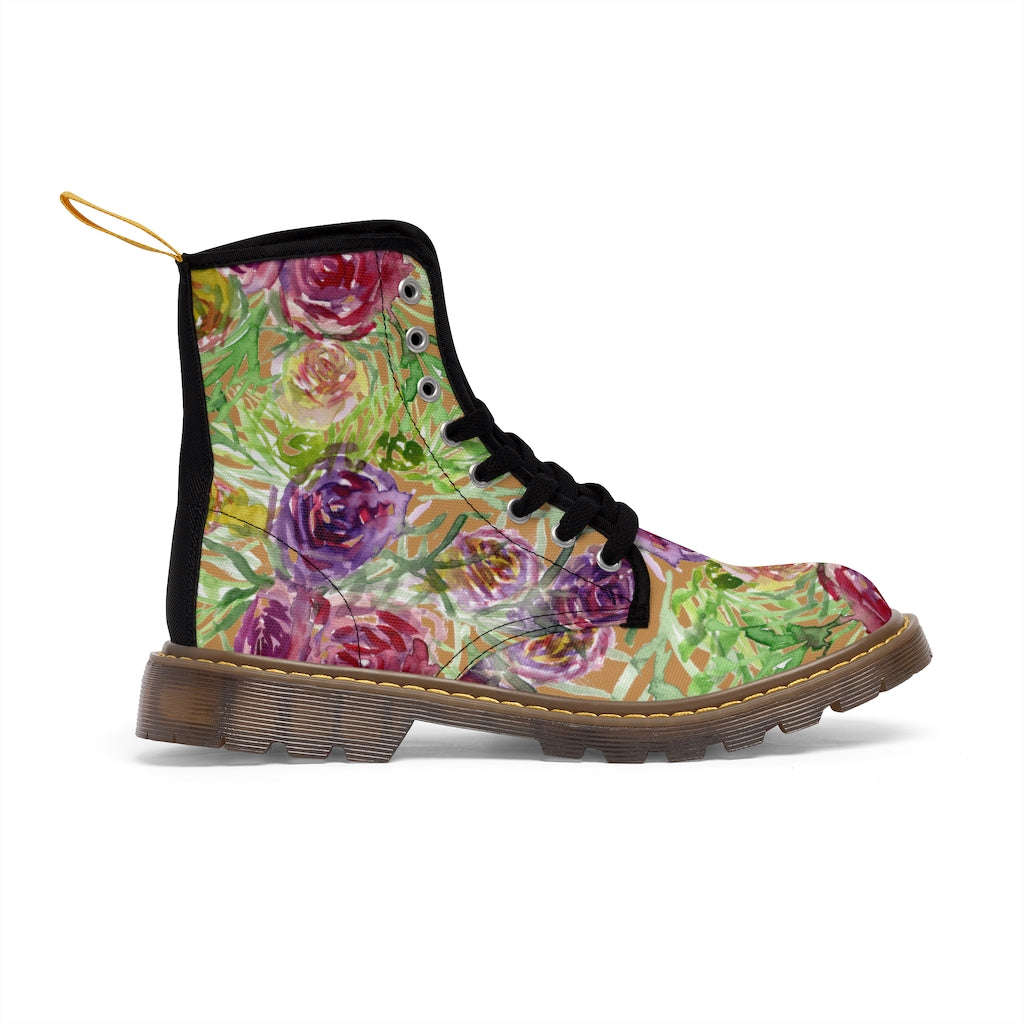 Brown Yellow Floral Women's Boots - Vintage Style Hiking Combat Boots