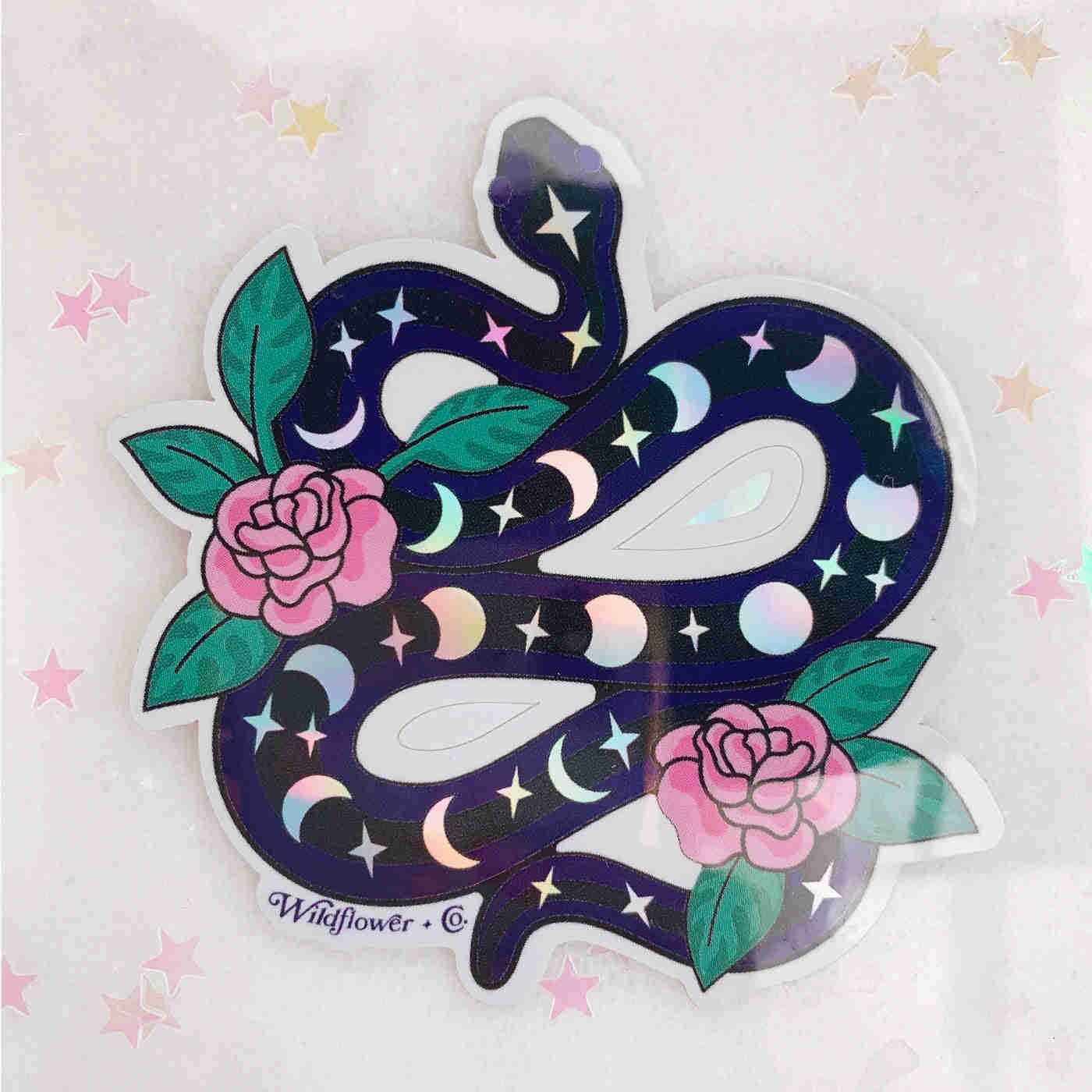 Holographic Serpent & Flowers Sticker - Waterproof & Scratch Resistant