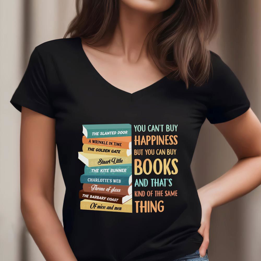 Custom Bookshelf T-Shirt for Book Lovers - 'You Can't Buy Happiness But You Can Buy Books' Design