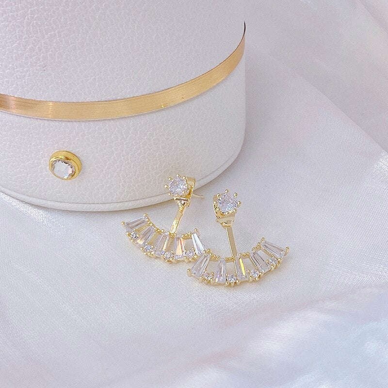 Korean Design Exquisite Copper Inlaid Zircon Fan-Shaped Hook Earrings for Women