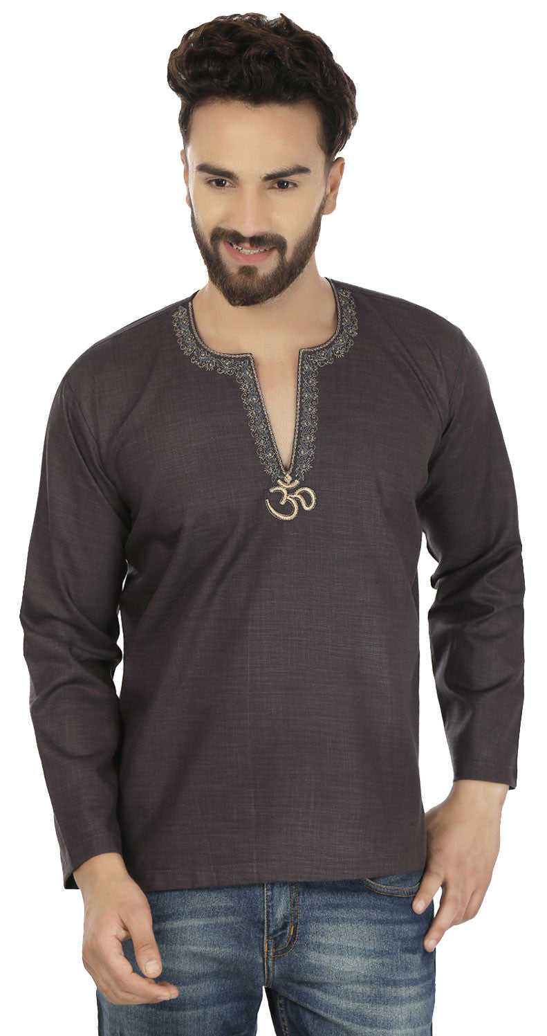 Cotton Dress Mens Short Kurta OM Shirt Indian Fashion Clothing (Carbon Black)