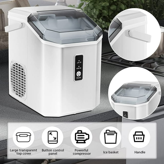 KISSAIR Countertop Ice Maker with Soft Chewable Ice, 34Lbs/24H, Pebble Portable Ice Machine with Ice Scoop, Self-Cleaning, One-Click Operation, for Kitchen, Office, White