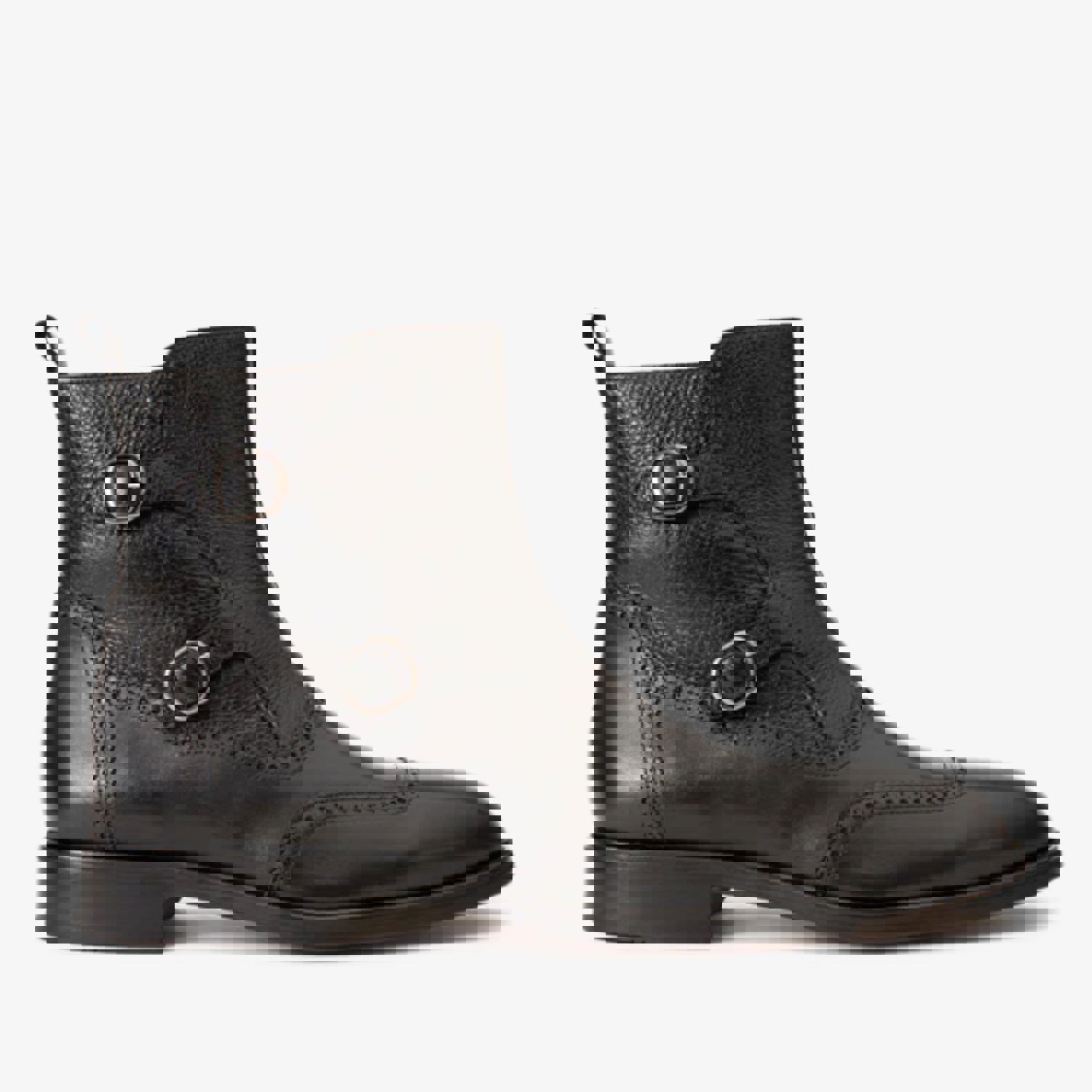 Rand Black Leather Double Buckle Brogue Men Boot with Zipper