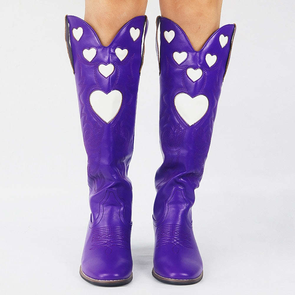 Pink Heart Shape Knee High Cowboy Boots For Women - Retro Western Style