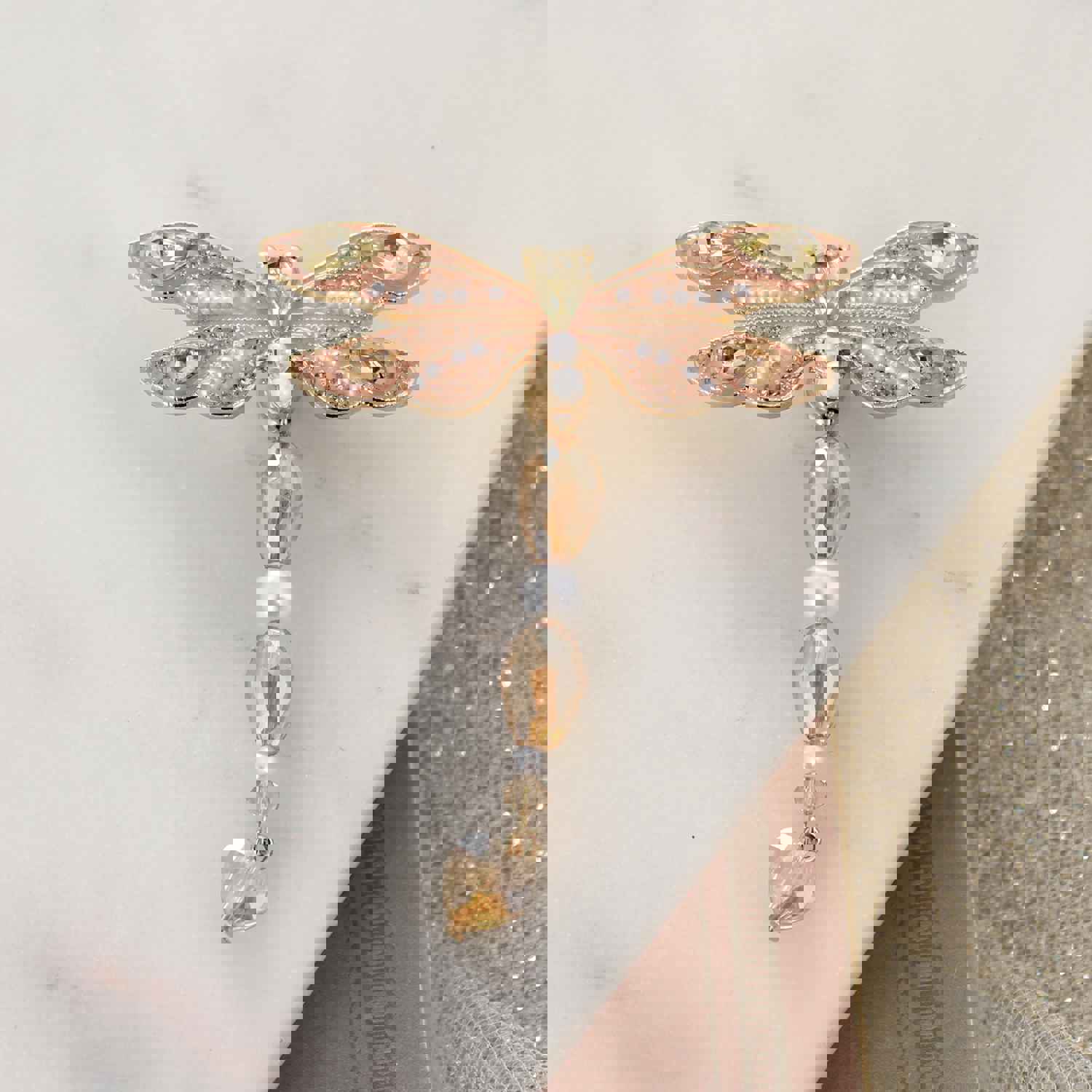 Spring Dragonfly Pendant with Crystal and Pearl Accents