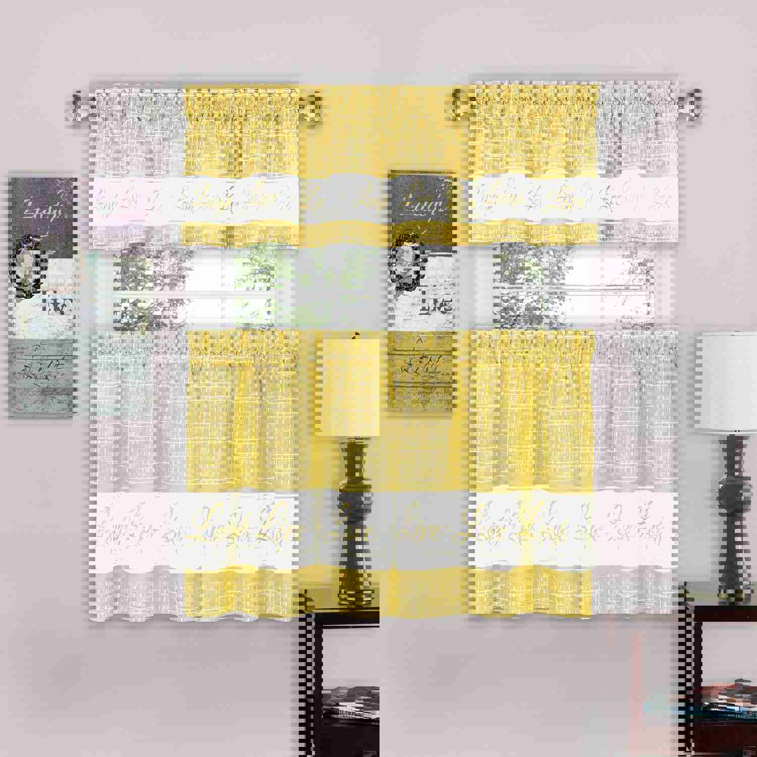 Live Laugh Love 3-Piece Kitchen Curtain Set, Yellow, Tiers 58x36, Swag 58x14 Inches
