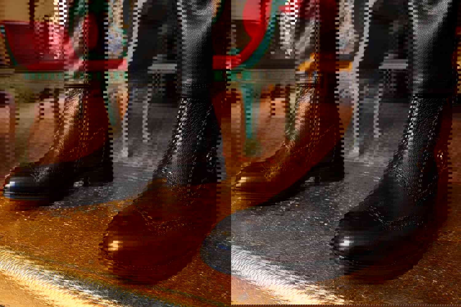 Rand Black Leather Double Buckle Brogue Men Boot with Zipper