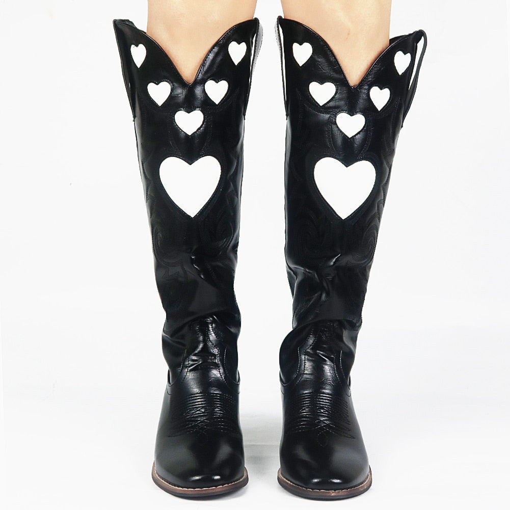 Pink Heart Shape Knee High Cowboy Boots For Women - Retro Western Style