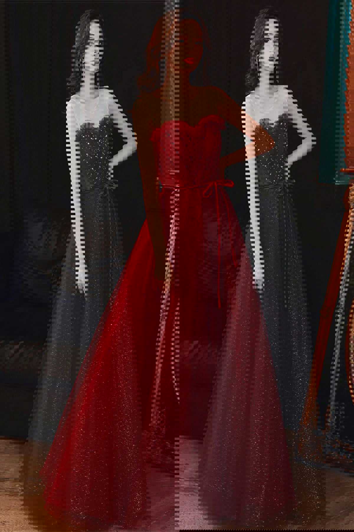 Shiny Round Neck Burgundy Long Tulle Prom Dresses, Wine Red Long Tulle Formal Evening Dresses