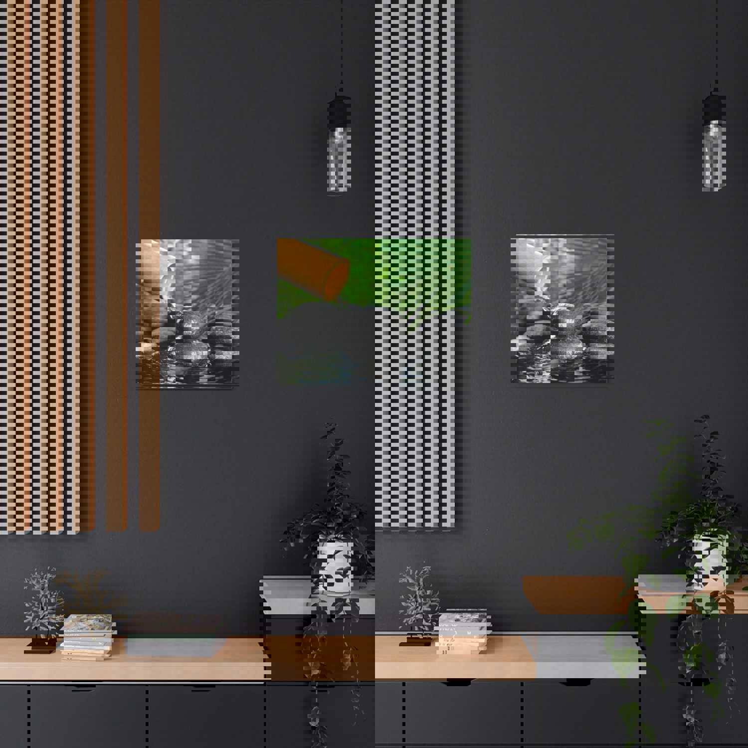 Bamboo Fountain with Stones Forest Floral Nature Photography Canvas Wall Art for Home Decor