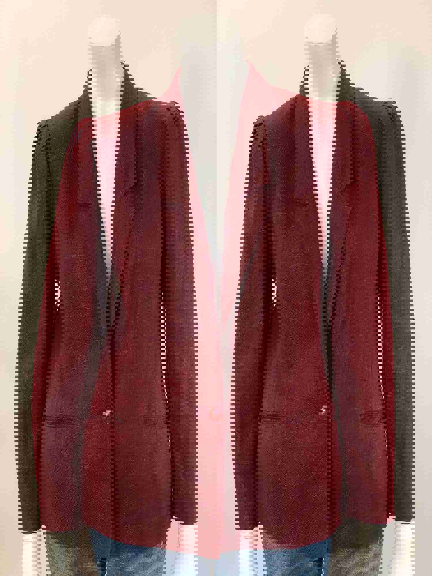 Vintage Deep Wine Burgundy Linen Blazer with Puffed Shoulders