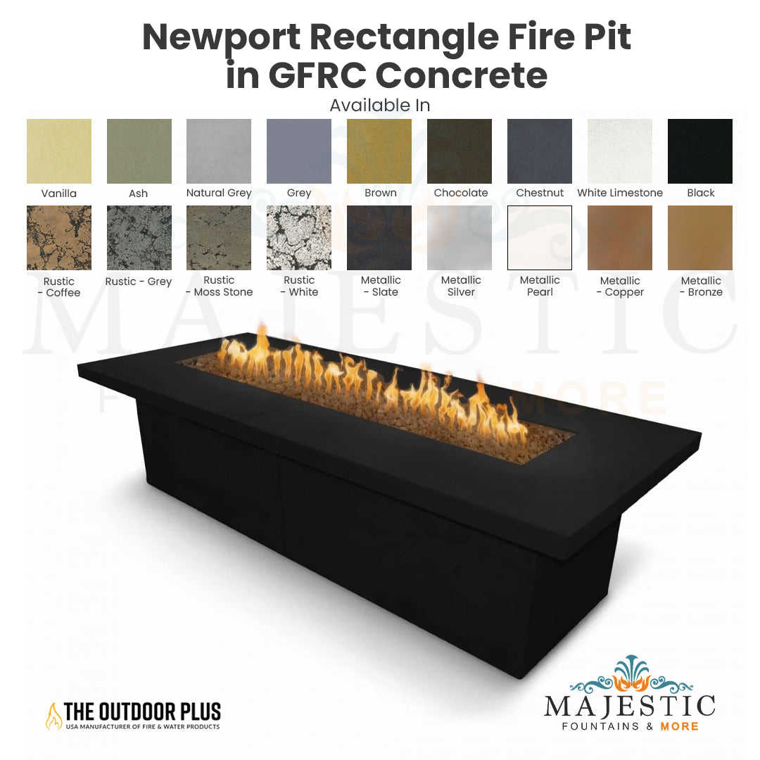 The Outdoor Plus Newport Rectangle Fire Pit in GFRC Concrete with Free Cover