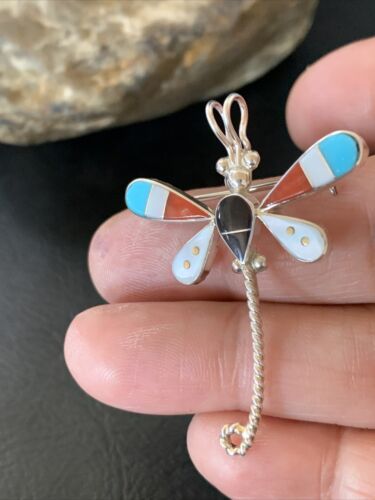 Handmade Zuni Turquoise MOP Inlay Dragonfly Sterling Silver Necklace Pendant