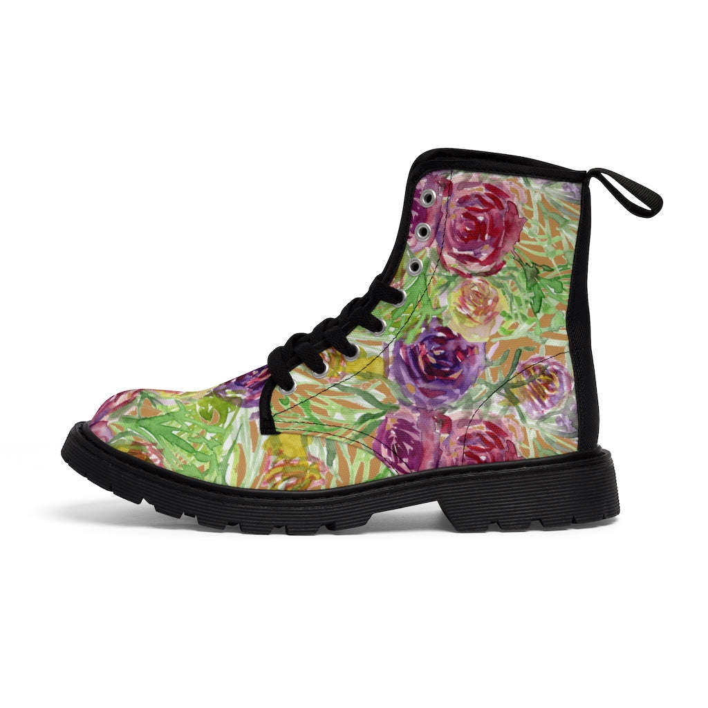 Brown Yellow Floral Women's Boots - Vintage Style Hiking Combat Boots
