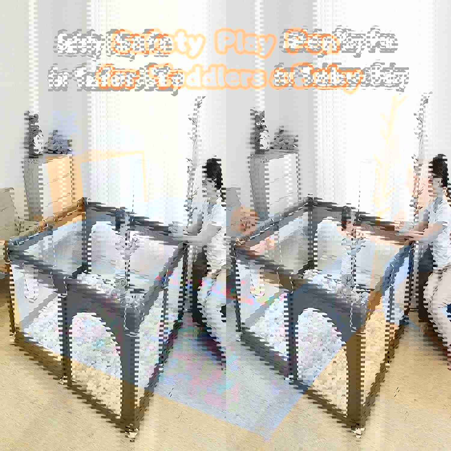 Play Pen for Babies and Toddlers, Safe Indoor & Outdoor Activity Center with Breathable Mesh (Grey)