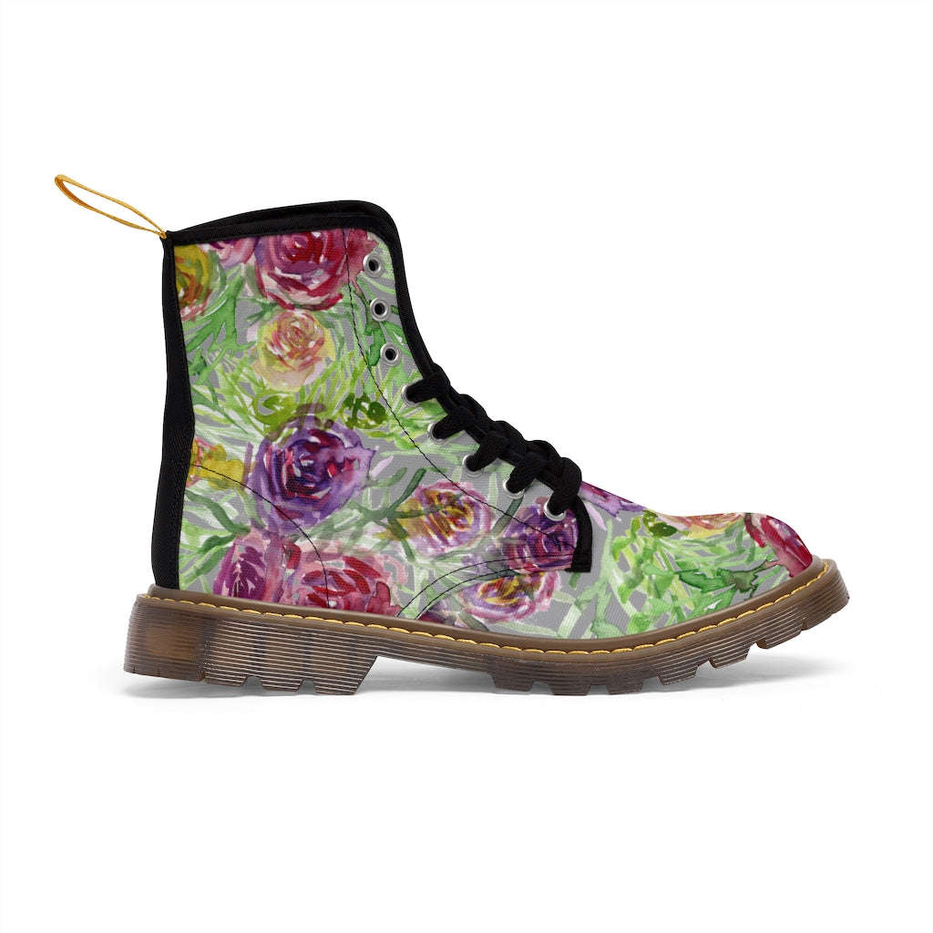Grey Yellow Floral Women's Boots - Rose Flower Print Combat Boots