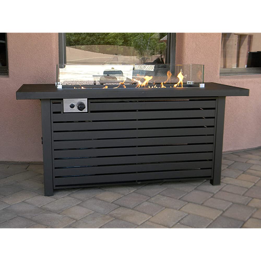 Hiland Patio Heaters Outdoor Rectangle Fire Pit in Black Mocha with Wind Screen