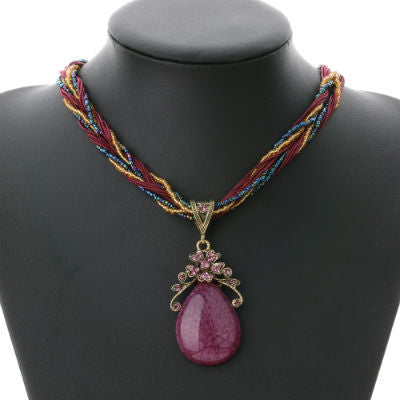 Bohemian Style Multilayer Beads Chain Crystal Gem Pendant Necklace for Women