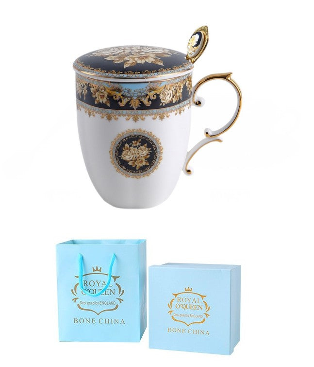 Elegant British Ceramic Coffee Mug with Spoon, Large Capacity Royal Bone China Porcelain Mug