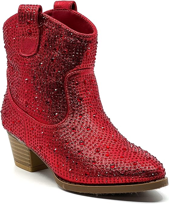 Forever River-01K Girls Rhinestone Cowboy Boots Kids Low Heel Dress Booties