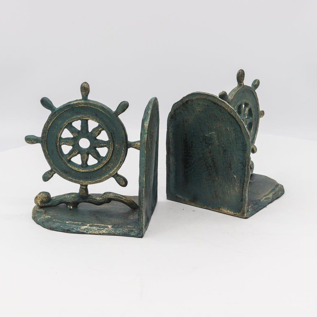 Vintage Nautical Ship Wheel Bookends - Solid Cast Iron Pair
