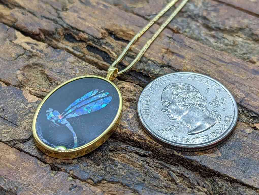 Opal Mosaic Onyx Pendant - 14k Yellow Gold Dragonfly Charm Necklace