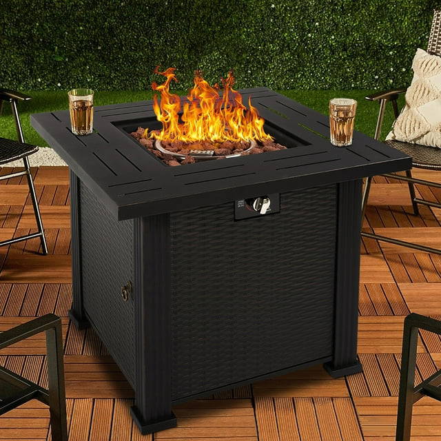 SEGMART 28 Outdoor Gas Fire Pit Table, 40,000 BTU Propane Patio Heater with Lid and Lava Rocks