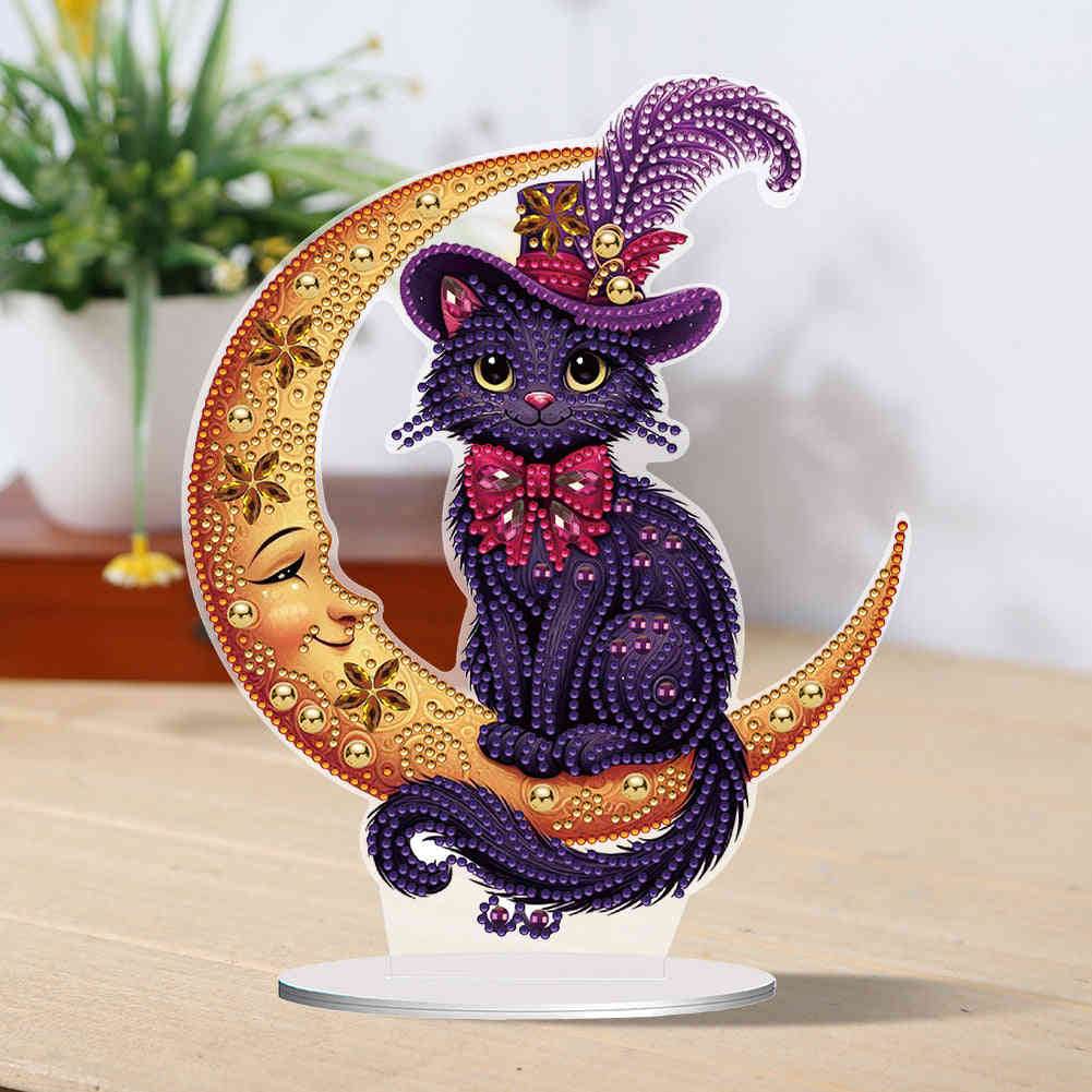 Special Shape Cat on Moon Desktop Diamond Painting for Adult Home Decor (Purple)