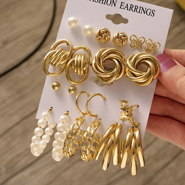 Fashion Geometric Hoop Earrings Set for Women - Vintage Punk Gold Metal Circle Earrings