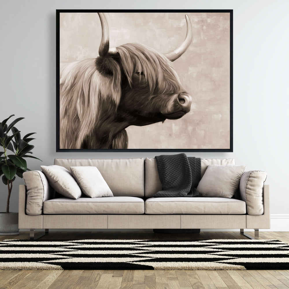 Beautiful Highland Cattle Sepia Fine Art Gallery Wrapped Canvas 36x36